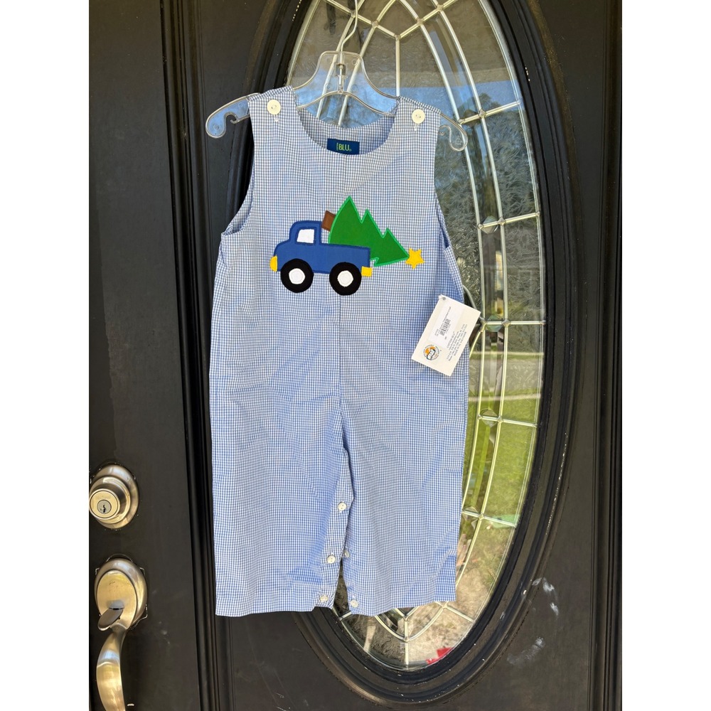 Cotton Blu Baby Boy Christmas Tree Truck Gingham Longall Blue 18M NEW